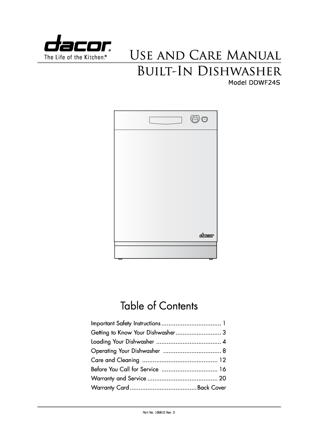 Dacor DDWF24S important safety instructions Warranty Card, Use And Care Manual Built-In Dishwasher, Table of Contents 
