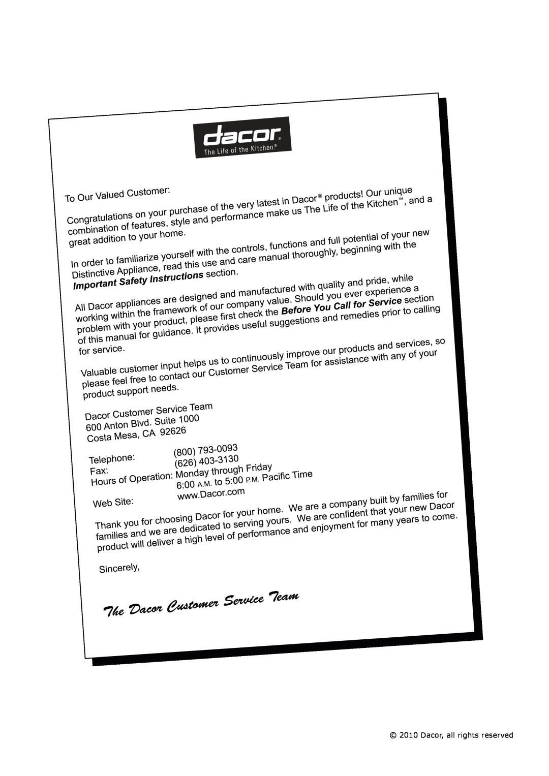 Dacor DDWF24S important safety instructions Dacor, all rights reserved 