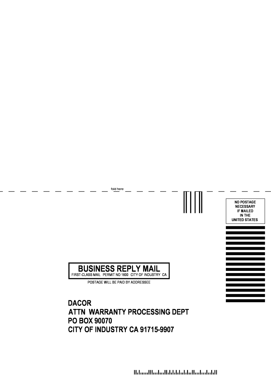 Dacor DDWF24S Business Reply Mail, Dacor Attn Warranty Processing Dept Po Box City Of Industry Ca, fold here 