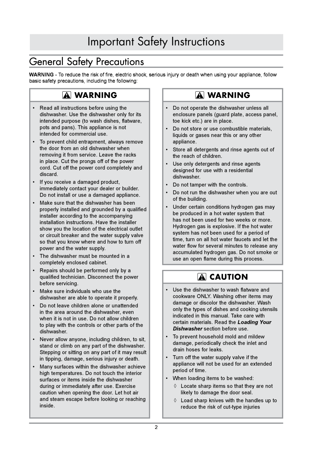 Dacor DDWF24S important safety instructions General Safety Precautions, Important Safety Instructions 