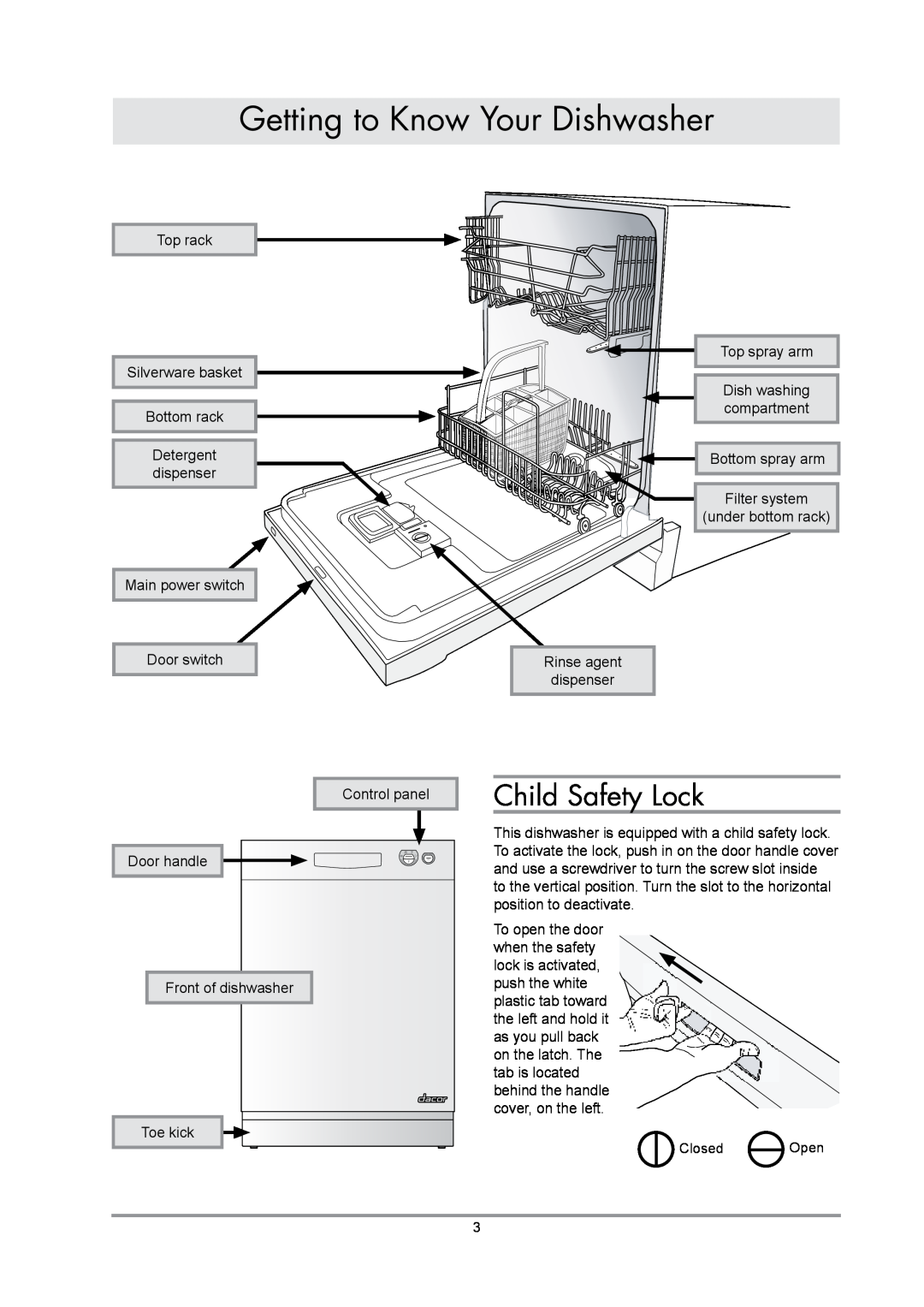 Dacor DDWF24S important safety instructions Getting to Know Your Dishwasher, Child Safety Lock 