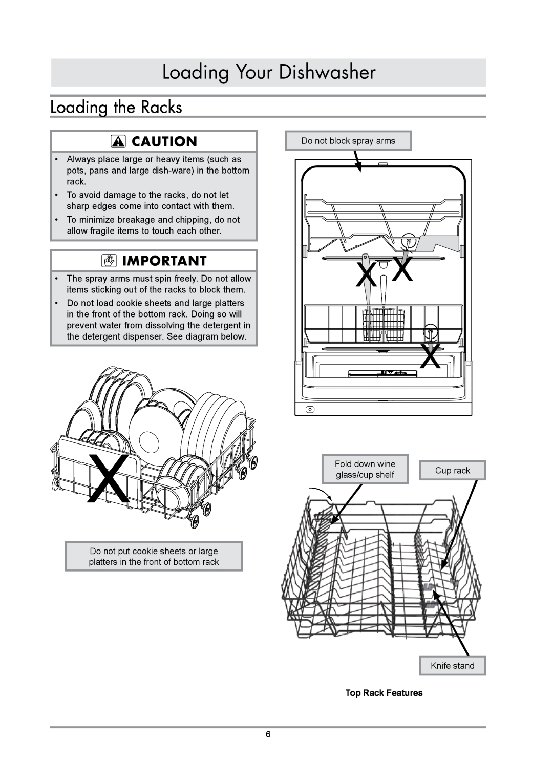 Dacor DDWF24S important safety instructions Loading the Racks, Top Rack Features, Loading Your Dishwasher 