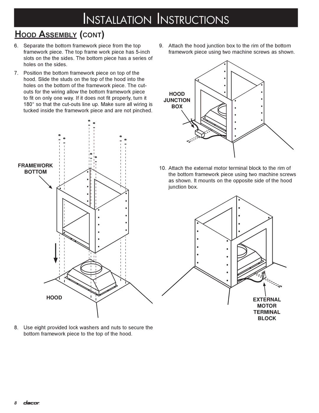 Dacor DHI602, DHI482, DHI421, DHI542, DHI361 installation instructions Hood Assembly, Framework Bottom Hood 