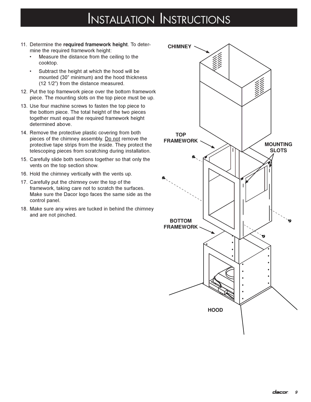 Dacor DHI482, DHI602, DHI421, DHI542, DHI361 installation instructions Chimney TOP Framework Bottom Mounting Slots Hood 