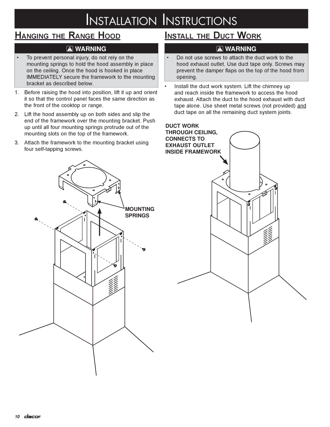 Dacor DHI421, DHI602, DHI482, DHI542, DHI361 installation instructions Hanging the Range Hood, Install the Duct Work 