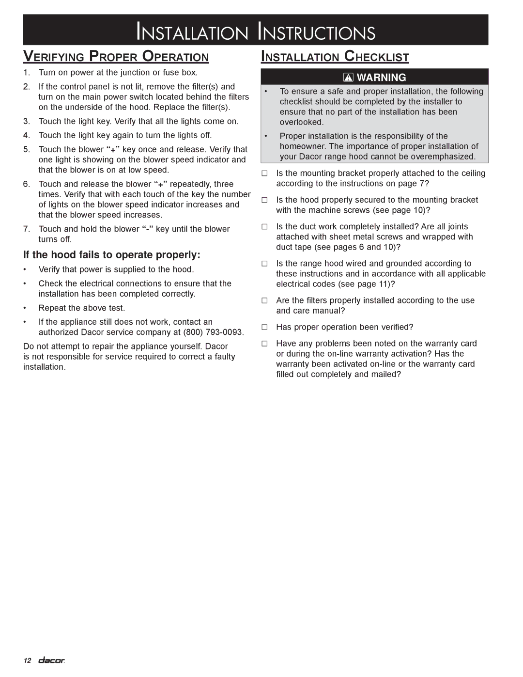 Dacor DHI361, DHI602, DHI482, DHI421, DHI542 installation instructions Verifying Proper Operation, Installation Checklist 