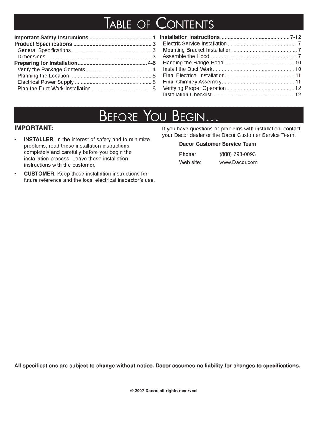 Dacor DHI421, DHI602, DHI482, DHI542, DHI361 installation instructions Table of Contents, Before You Begin 