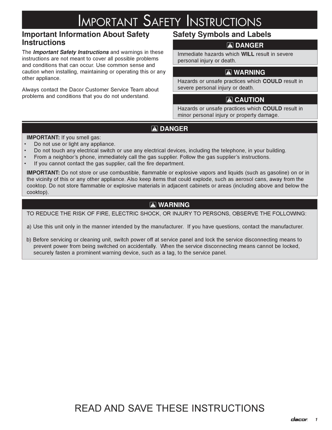 Dacor DHI542, DHI602, DHI482, DHI421, DHI361 Important Safety Instructions, Important Information About Safety Instructions 