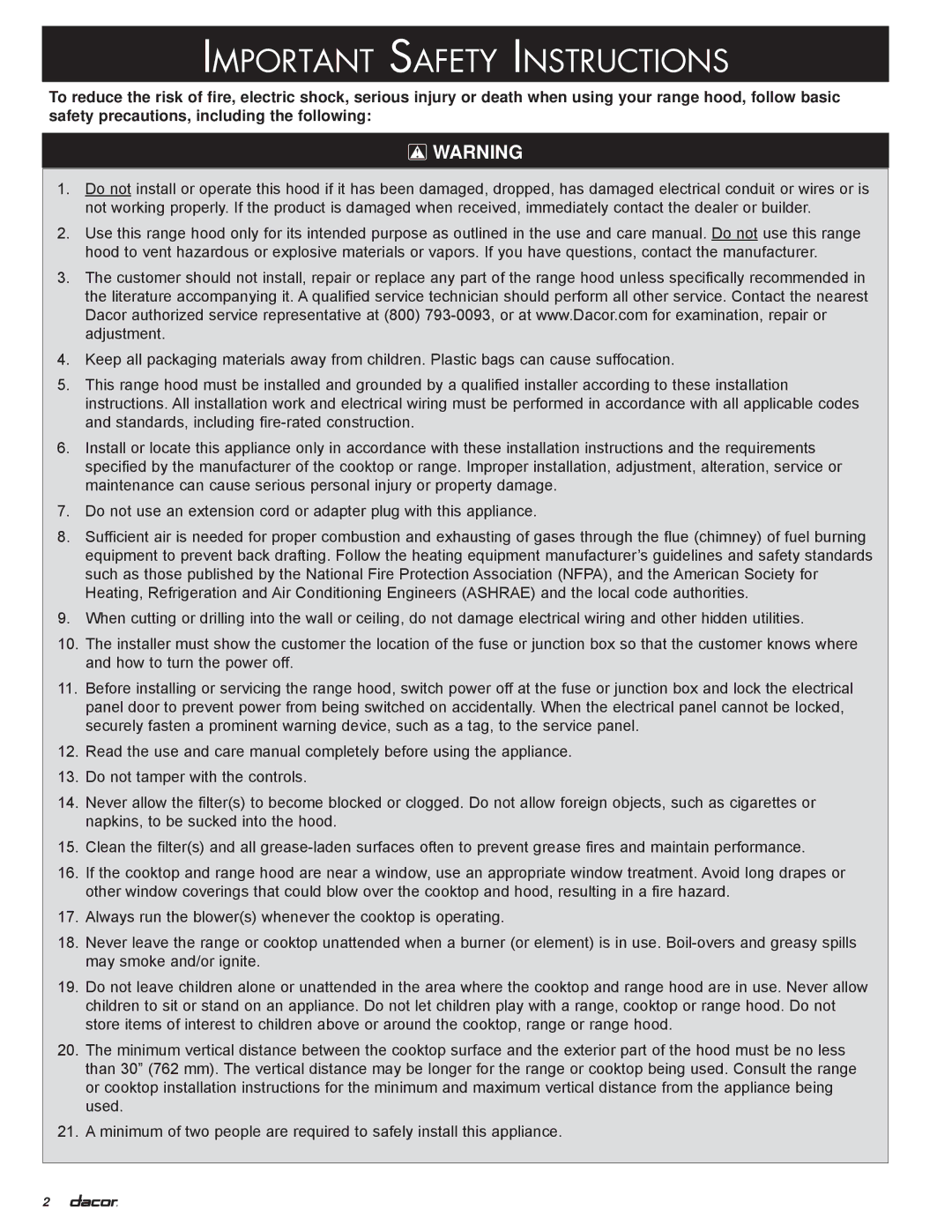 Dacor DHI361, DHI602, DHI482, DHI421, DHI542 installation instructions Important Safety Instructions 