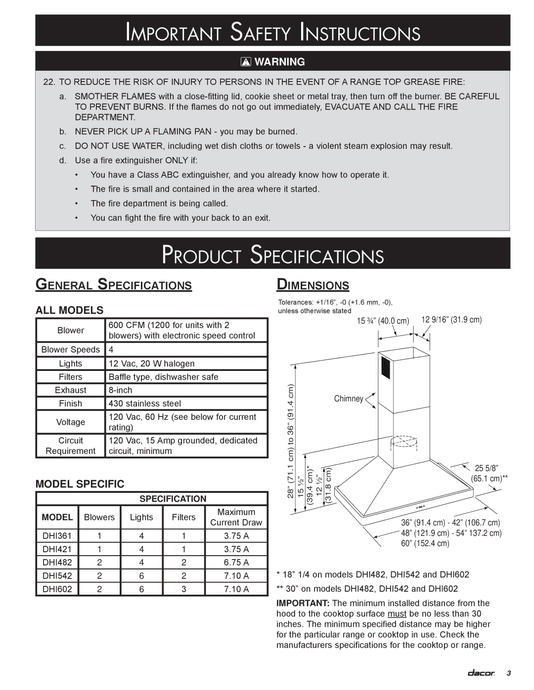 Dacor DHI602, DHI482, DHI421, DHI542, DHI361 Product Specifications, General Specifications, Dimensions 