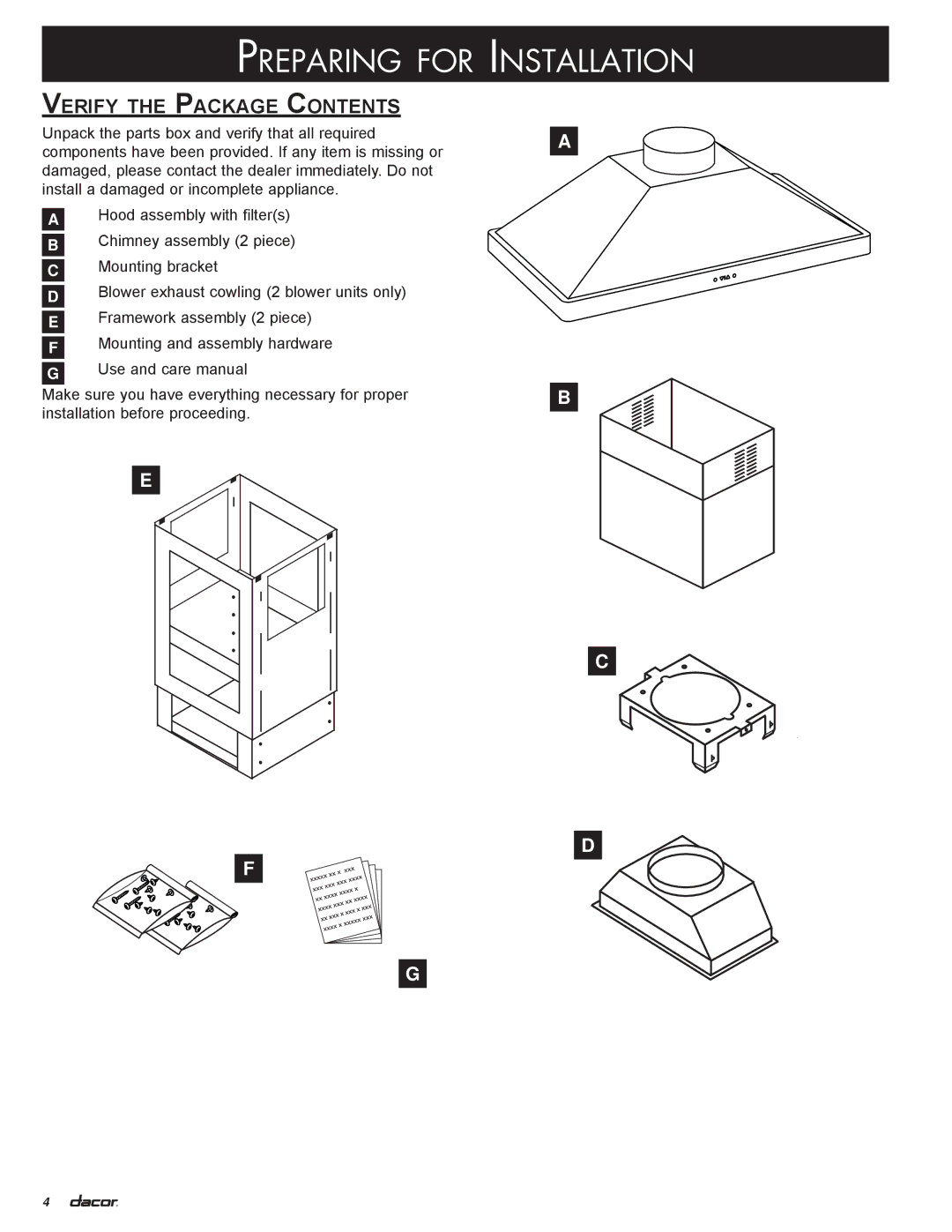 Dacor DHI482, DHI602, DHI421, DHI542, DHI361 installation instructions Preparing for, Installation, Verify the Package Contents 