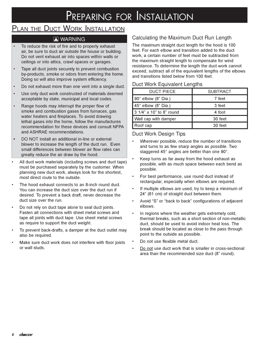 Dacor DHI542, DHI602, DHI482, DHI421, DHI361 Plan the Duct Work Installation, Calculating the Maximum Duct Run Length 