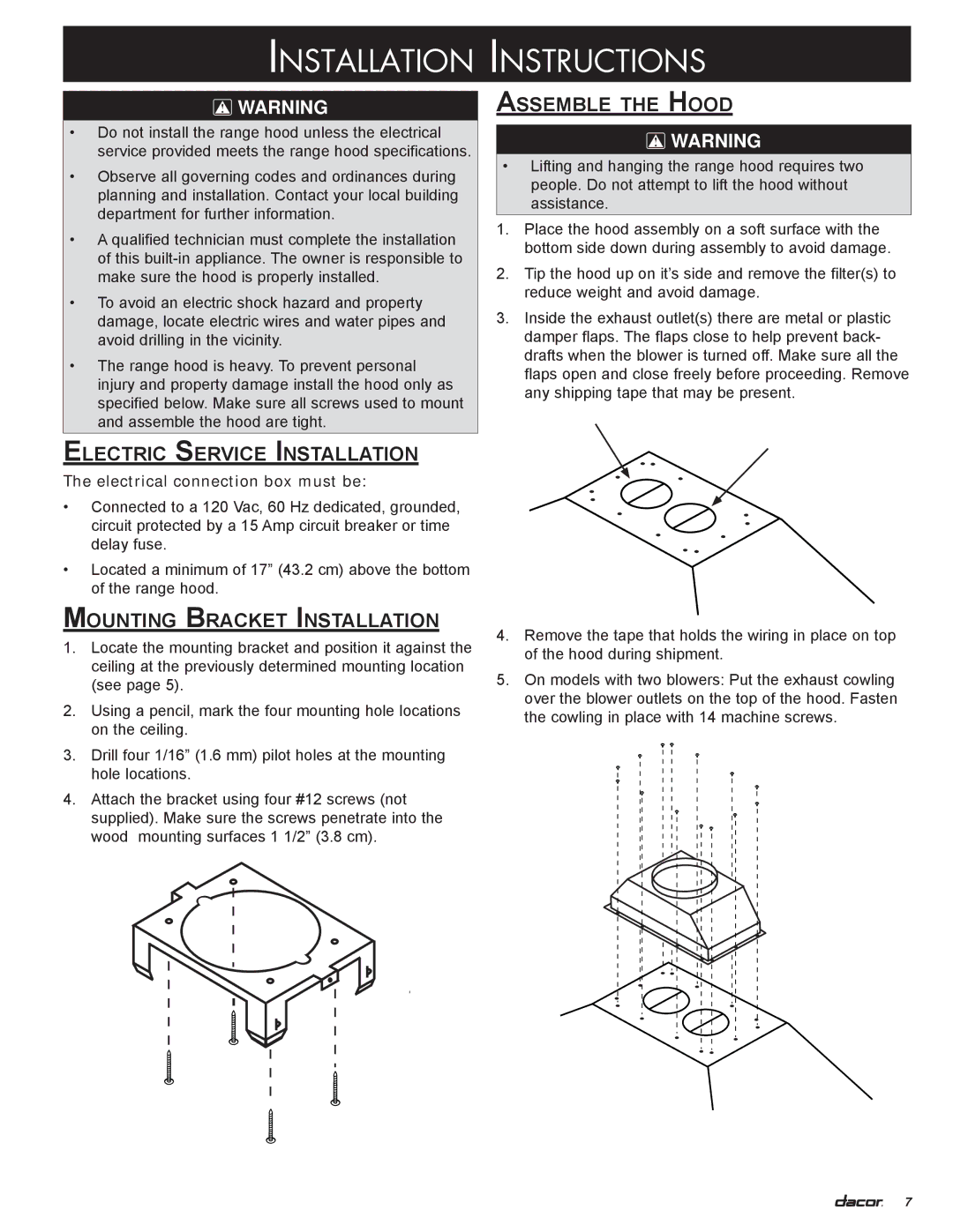 Dacor DHI361 Installation Instructions, Electric Service Installation, Mounting Bracket Installation, Assemble the Hood 