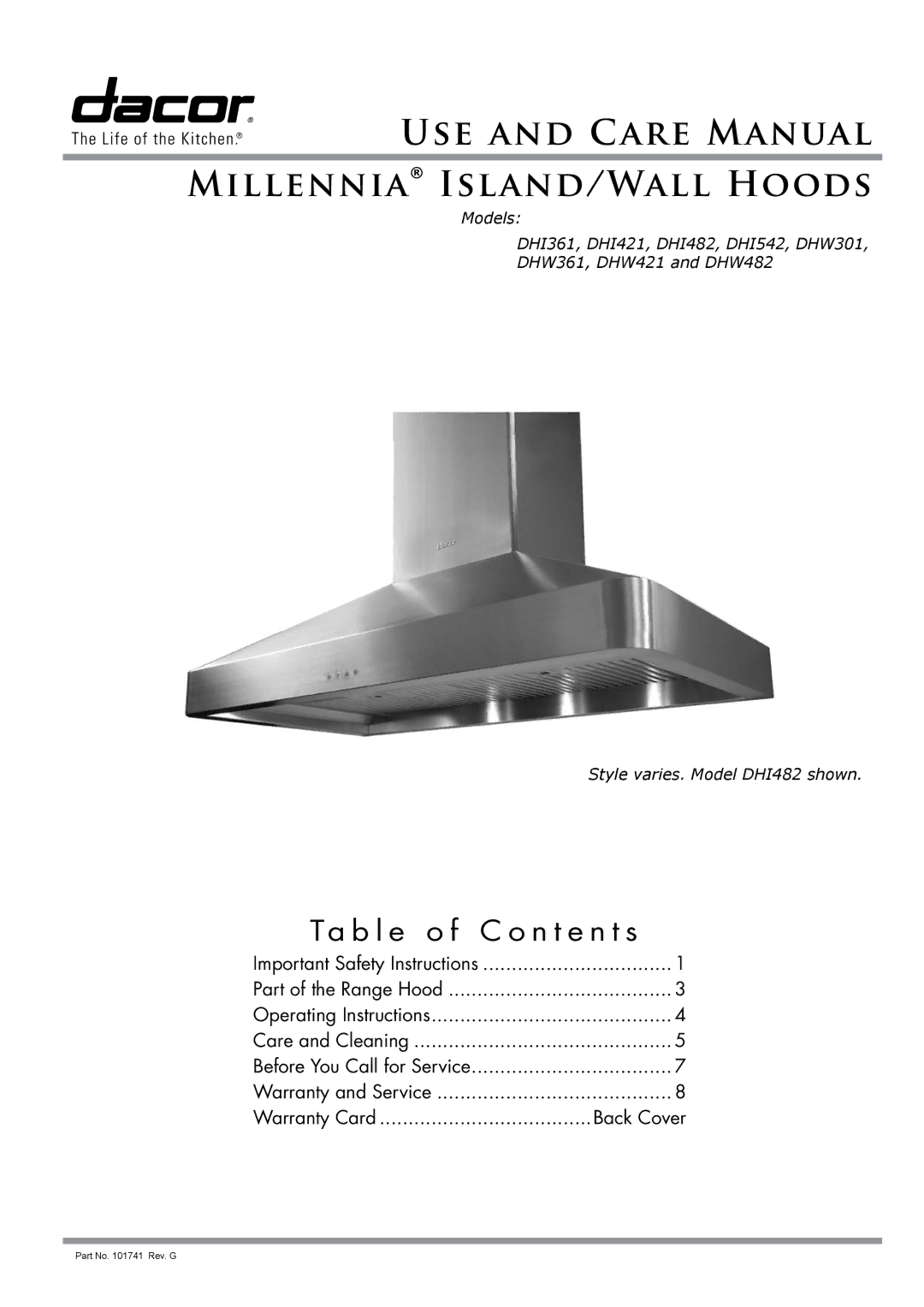 Dacor DHW301, DHW482 important safety instructions Ta b l e o f C o n t e n t s, Important Safety Instructions, Back Cover 