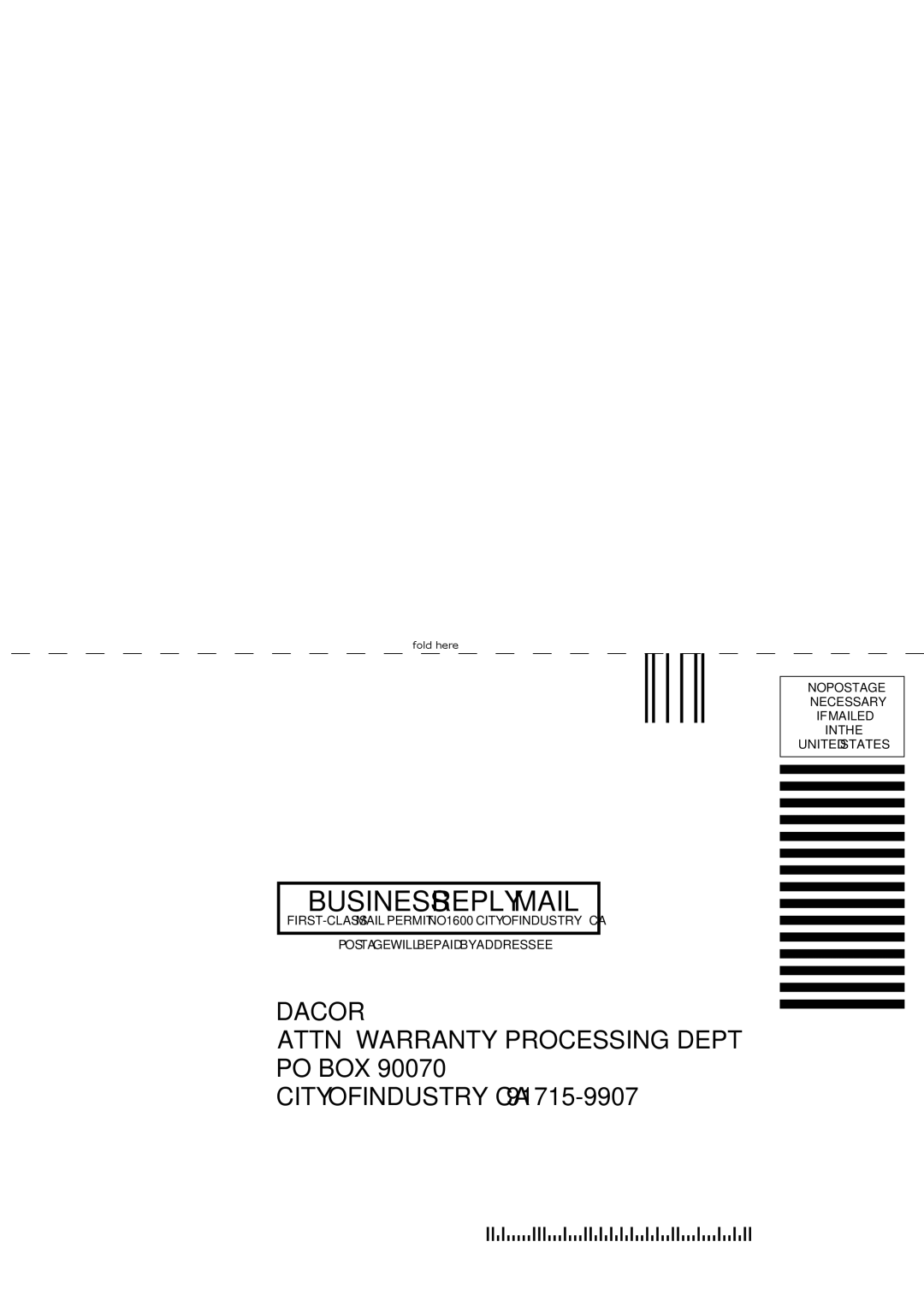 Dacor DHW421, DHW482, DHW301, DHW361 important safety instructions Business Reply Mail 