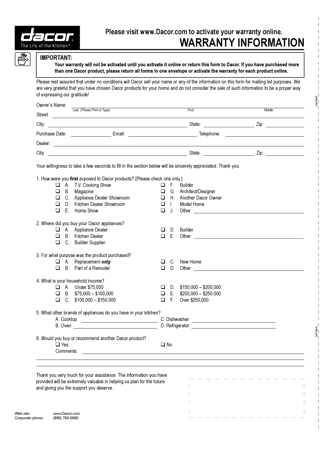 Dacor DHW482, DHW301, DHW361, DHW421 important safety instructions Warranty Information 