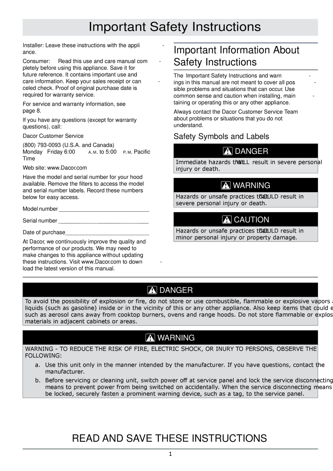 Dacor DHW421 Important Safety Instructions, Important Information About Safety Instructions, Safety Symbols and Labels 