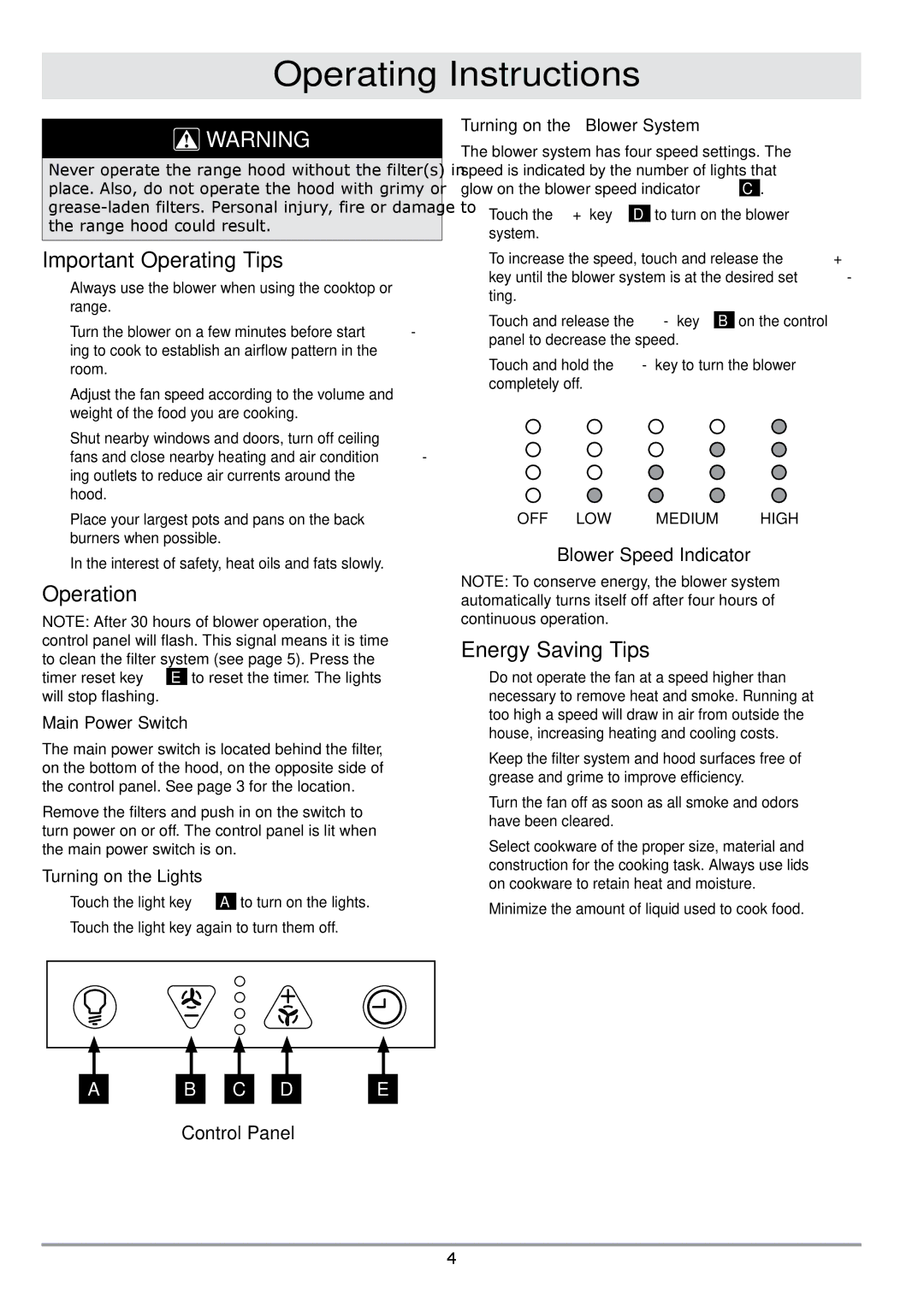 Dacor DHW361, DHW482, DHW301, DHW421 Operating Instructions, Important Operating Tips, Operation, Energy Saving Tips 