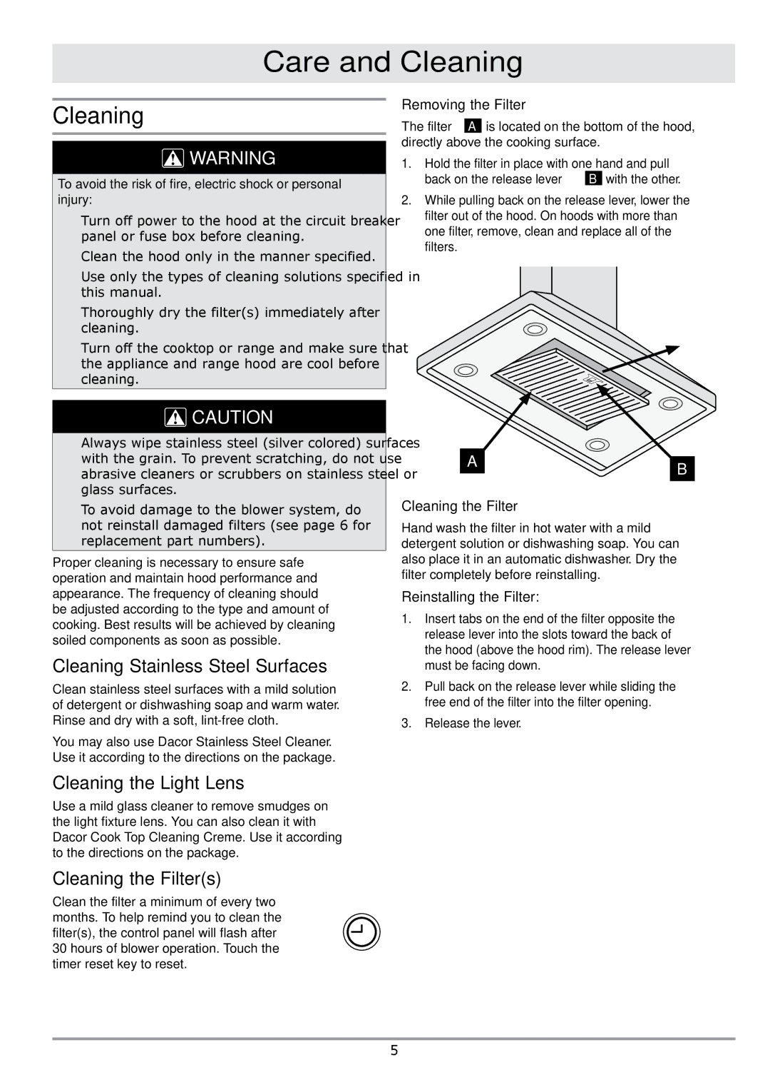 Dacor DHW421, DHW482 Care and Cleaning, Cleaning Stainless Steel Surfaces, Cleaning the Light Lens, Cleaning the Filters 