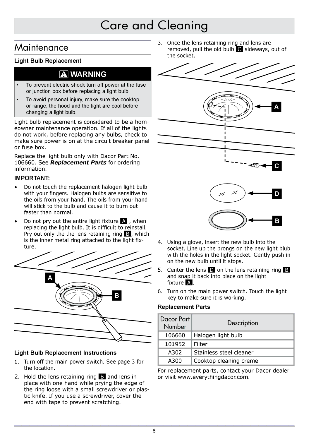 Dacor DHW482 Maintenance, Dacor Part Description Number, Light Bulb Replacement Instructions, Replacement Parts 