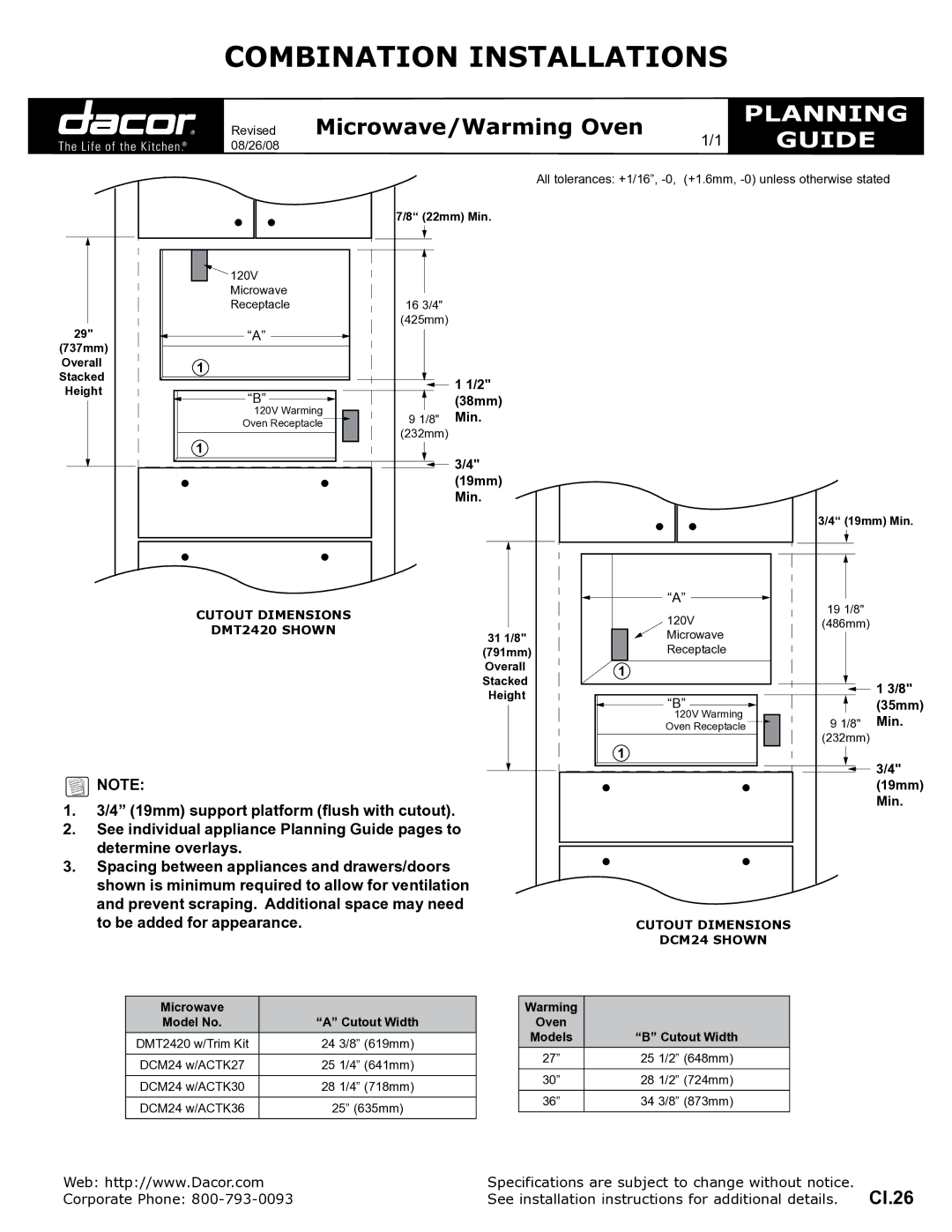 Dacor DCM24 w/ACTK30, DMT2420 w/Trim, DCM24 w/ACTK27 specifications Combination Installations, Planning, Guide 