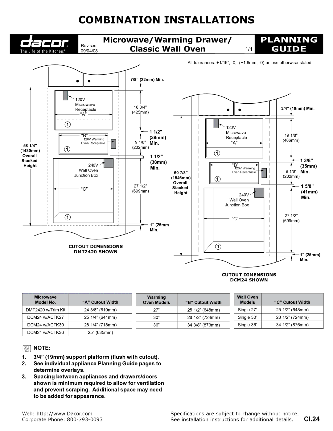 Dacor DMT2420 specifications Combination Installations, Planning, Guide 