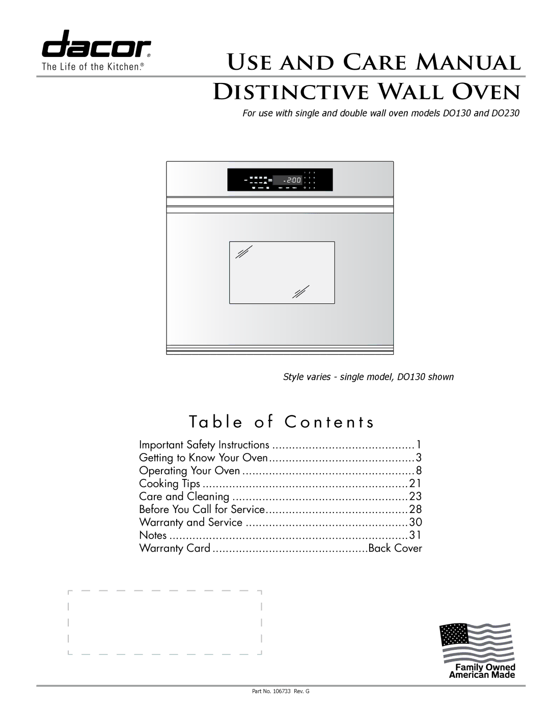 Dacor DO130 manual Ta b l e o f C o n t e n t s, Important Safety Instructions Getting to Know Your Oven, Back Cover 