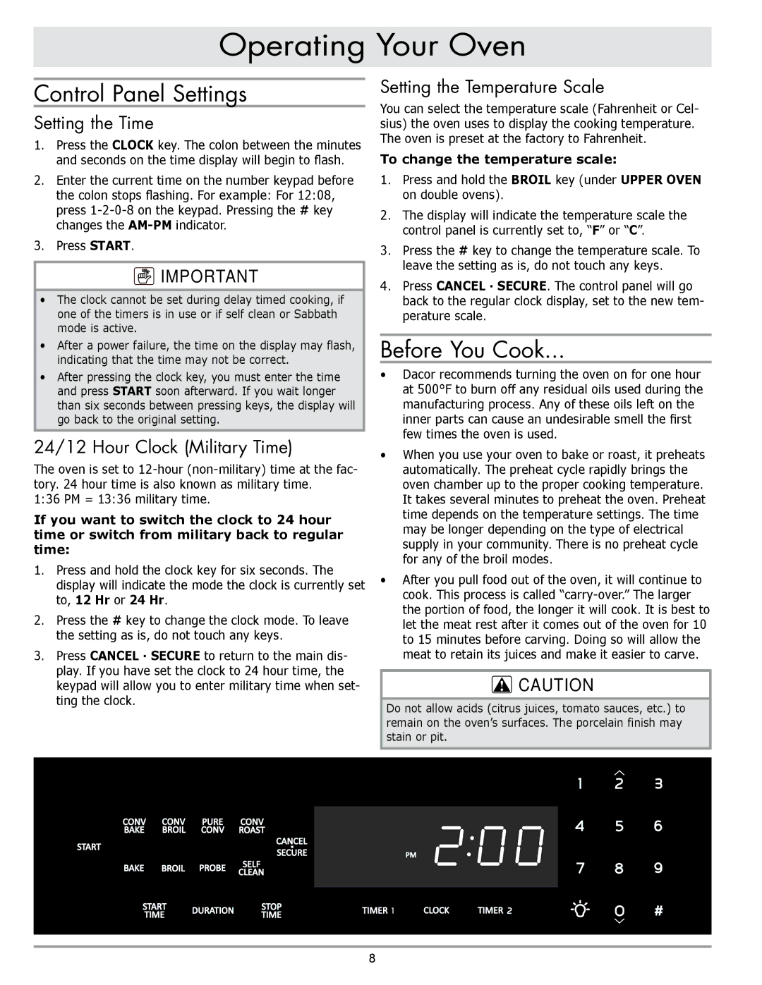 Dacor DO230, DO130 manual Operating Your Oven, Control Panel Settings, Before You Cook 