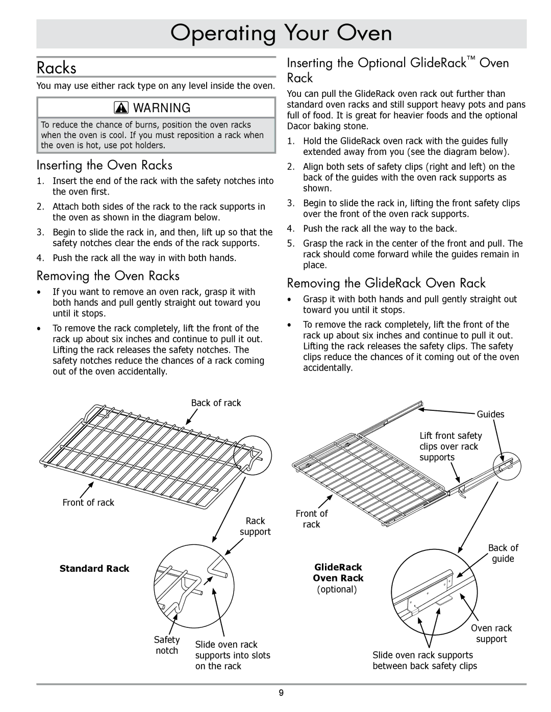 Dacor DO130, DO230 manual Inserting the Oven Racks, Removing the Oven Racks, Inserting the Optional GlideRack Oven Rack 