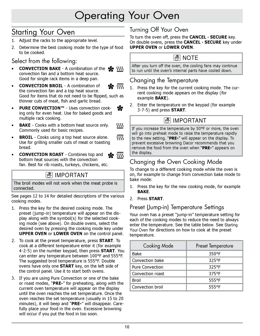 Dacor DO230, DO130 manual Starting Your Oven 