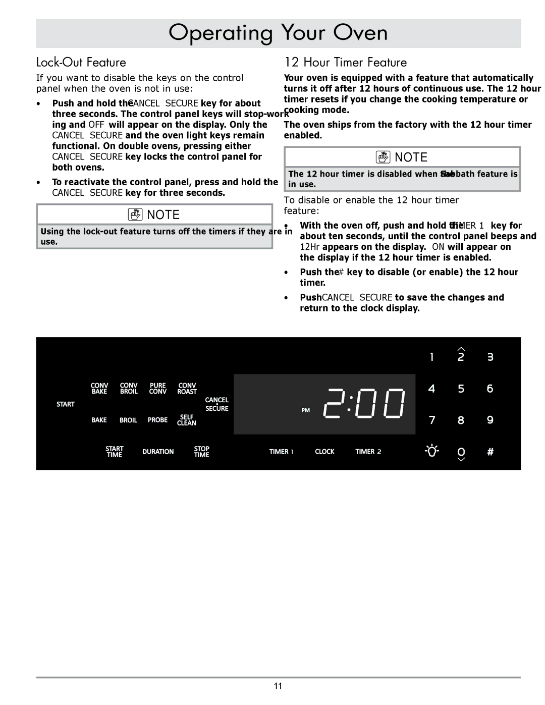 Dacor DO130, DO230 manual Lock-Out Feature, Hour Timer Feature, To disable or enable the 12 hour timer feature 