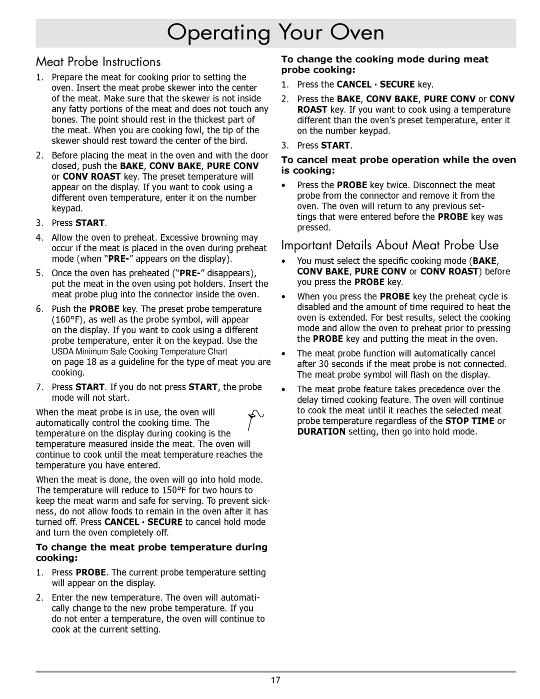 Dacor DO130 Meat Probe Instructions, Important Details About Meat Probe Use, Meat probe symbol will flash on the display 