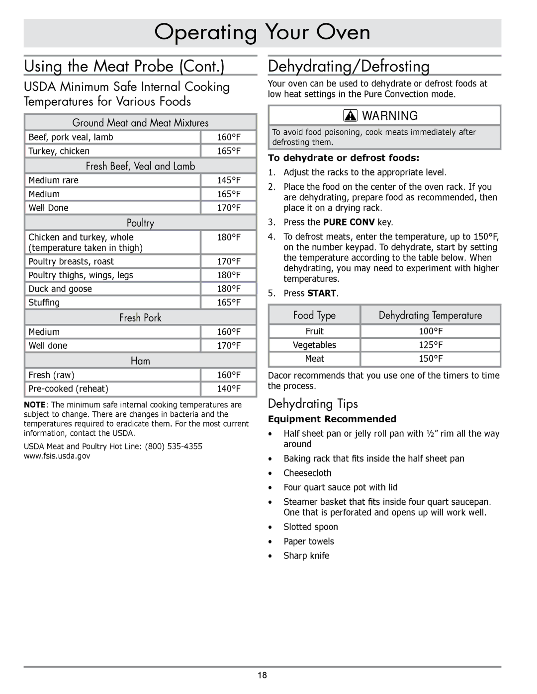 Dacor DO230, DO130 manual Dehydrating/Defrosting, Dehydrating Tips 