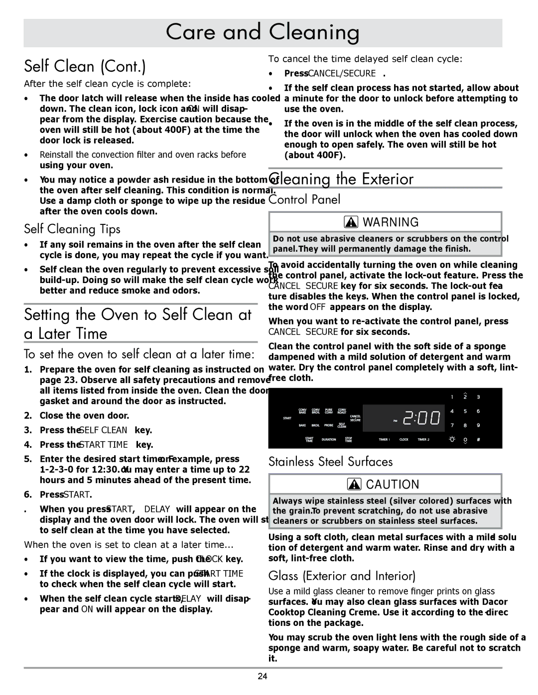 Dacor DO230, DO130 manual Setting the Oven to Self Clean at a Later Time, Cleaning the Exterior 