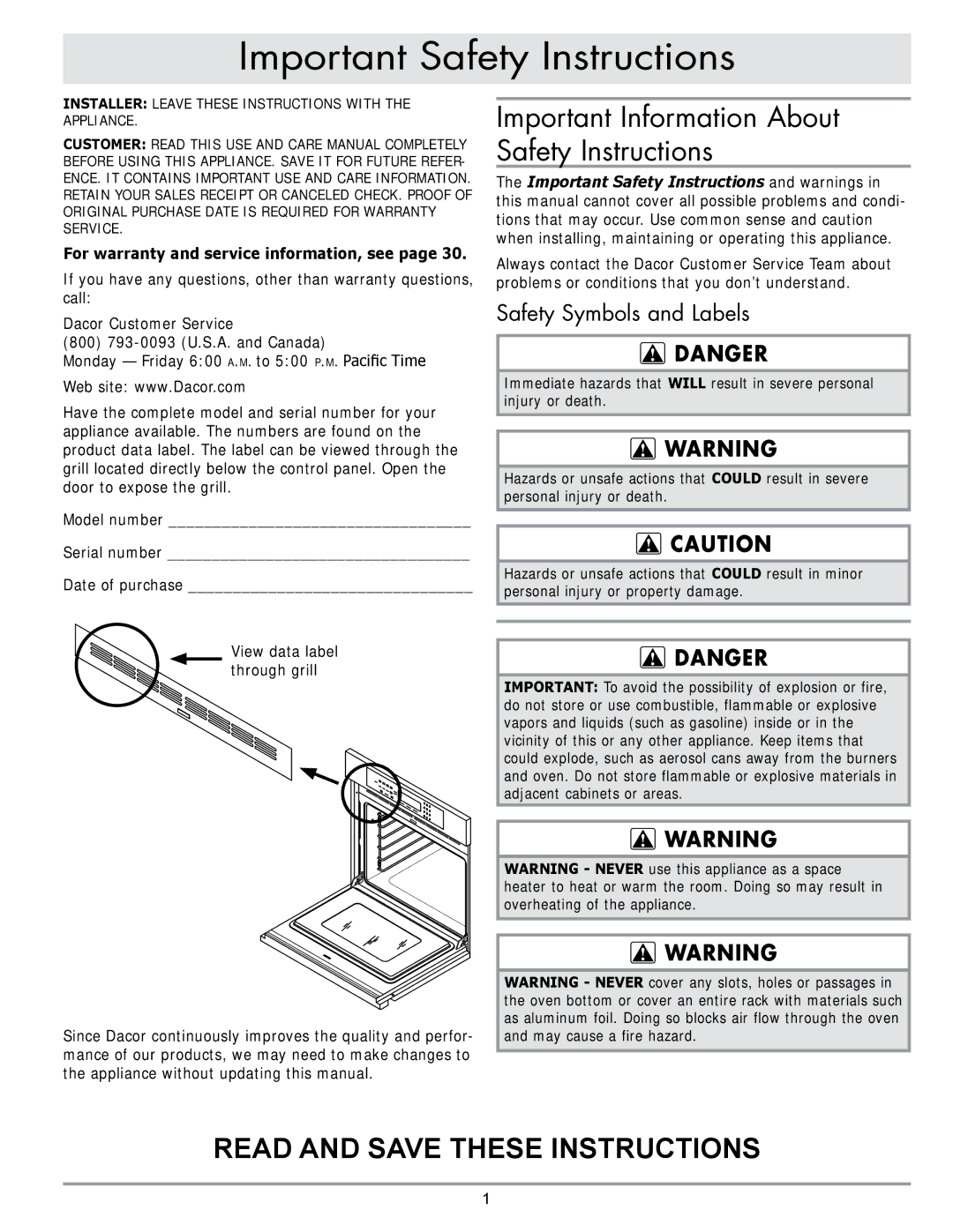 Dacor DO130 Important Safety Instructions, Important Information About Safety Instructions, Safety Symbols and Labels 