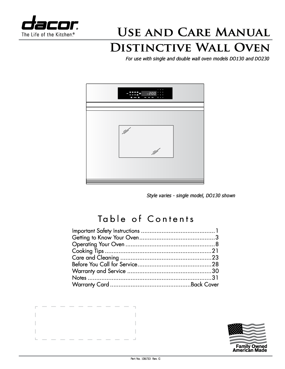 Dacor DO130 manual Ta b l e o f C o n t e n t s, Important Safety Instructions, Getting to Know Your Oven, Back Cover 
