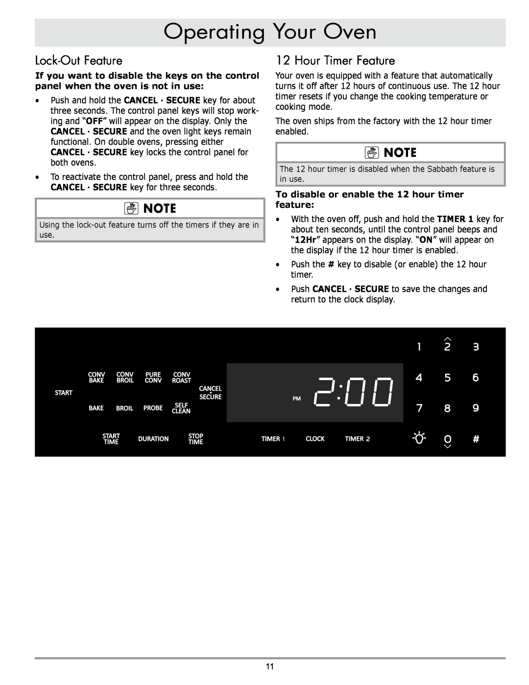 Dacor DO130 Lock-Out Feature, Hour Timer Feature, To disable or enable the 12 hour timer feature, Operating Your Oven 