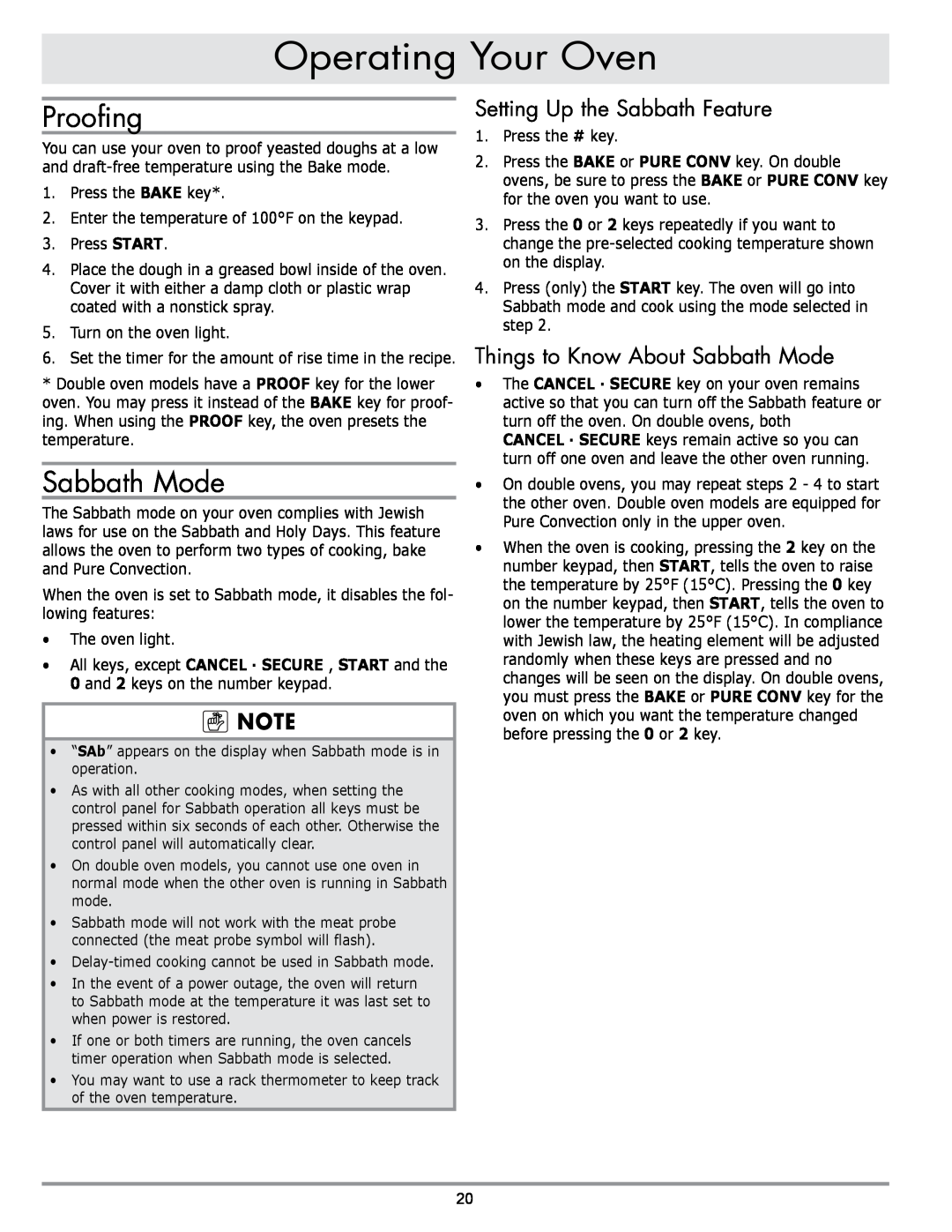 Dacor DO230, DO130 Proofing, Setting Up the Sabbath Feature, Things to Know About Sabbath Mode, Operating Your Oven 
