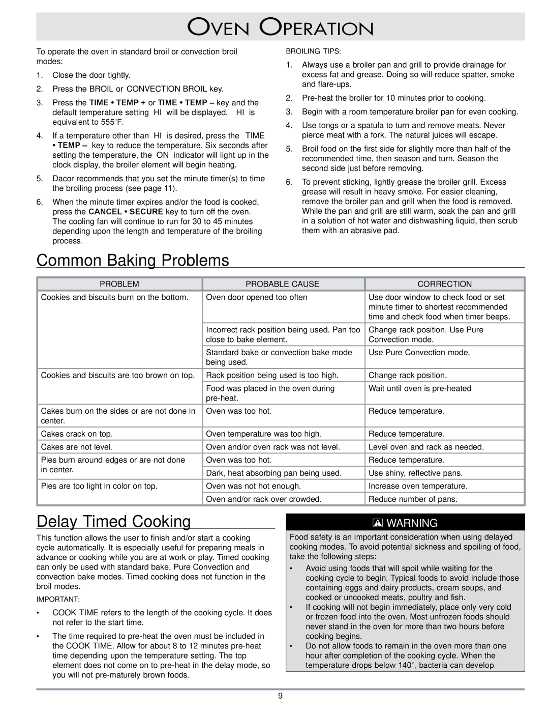 Dacor MCS, MCD, ECD, ECS important safety instructions Common Baking Problems, Delay Timed Cooking 