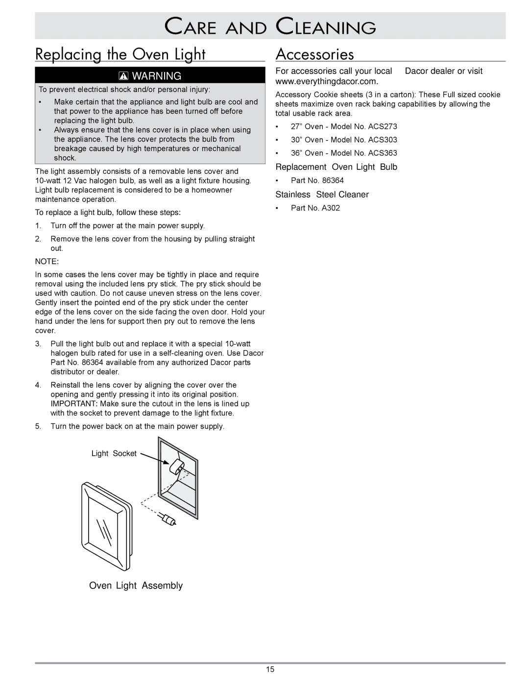 Dacor ECD, MCD Care Replacing the Oven Light, Cleaning Accessories, Replacement Oven Light Bulb Stainless Steel Cleaner 