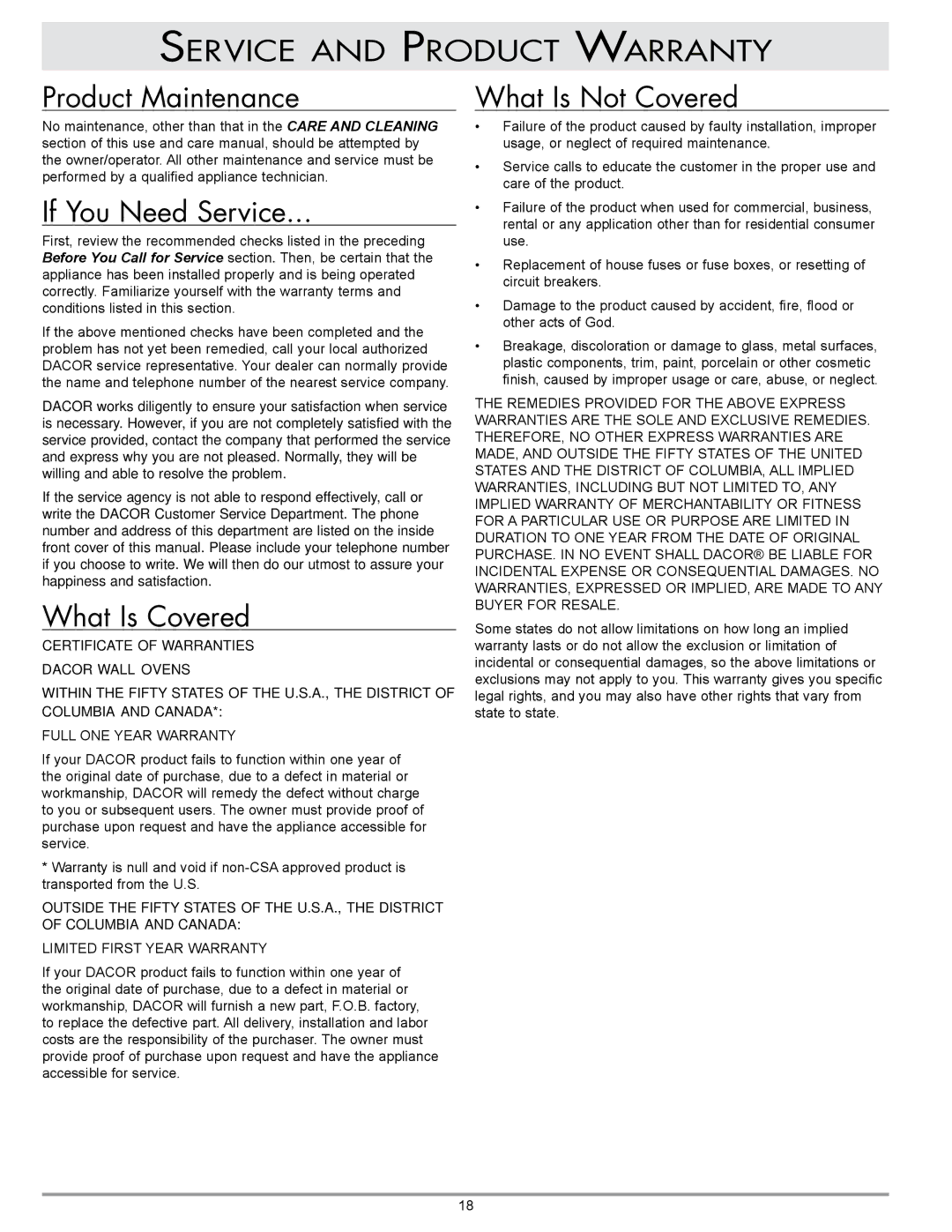 Dacor MCD, MCS Service and Product Warranty Product Maintenance, If You Need Service, What Is Covered, What Is Not Covered 