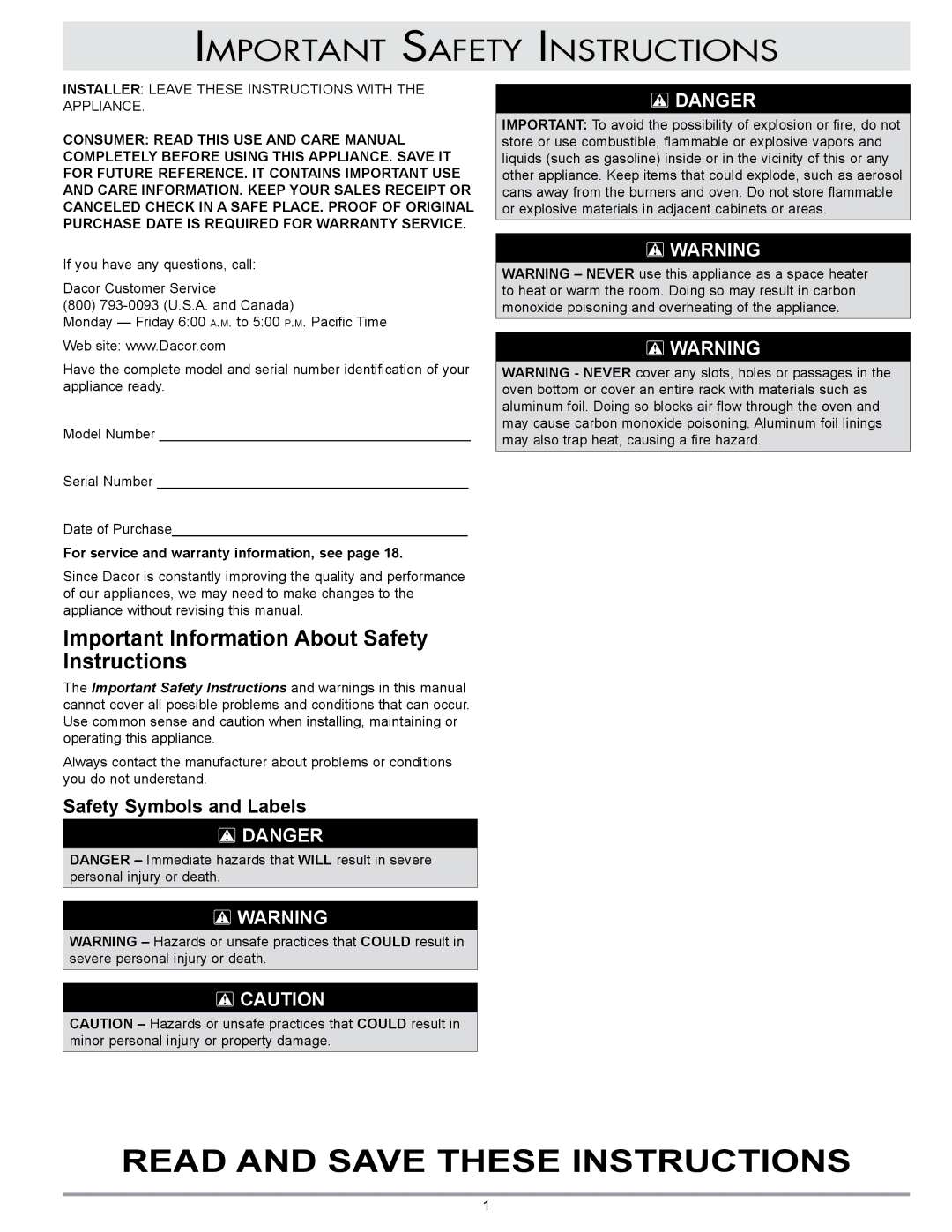Dacor ECS, MCD, MCS, ECD Important Safety Instructions, For service and warranty information, see 