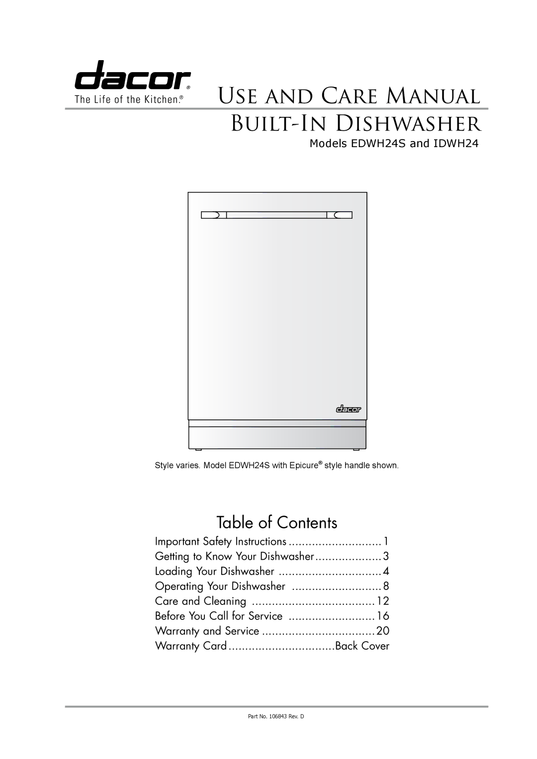 Dacor IDWH24, EDWH24S manual USE and Care Manual BUILT-IN Dishwasher, Table of Contents 