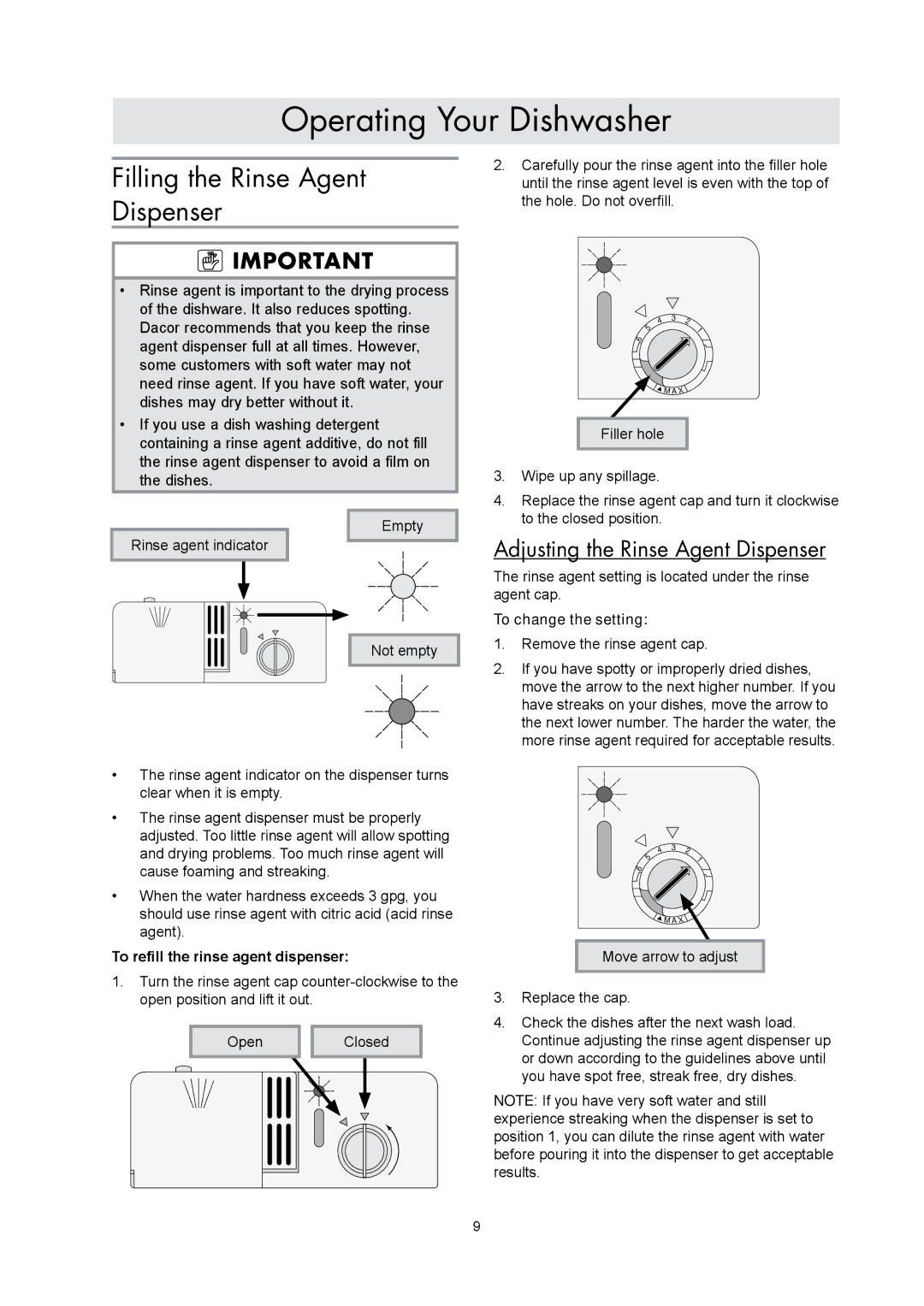 Dacor IDWH24, EDWH24S manual Adjusting the Rinse Agent Dispenser, To refill the rinse agent dispenser, To change the setting 