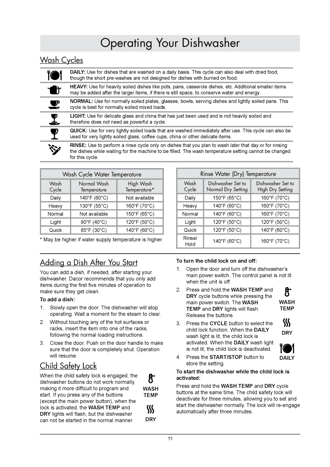 Dacor IDWH24, EDWH24S manual Wash Cycles, Adding a Dish After You Start, Child Safety Lock 