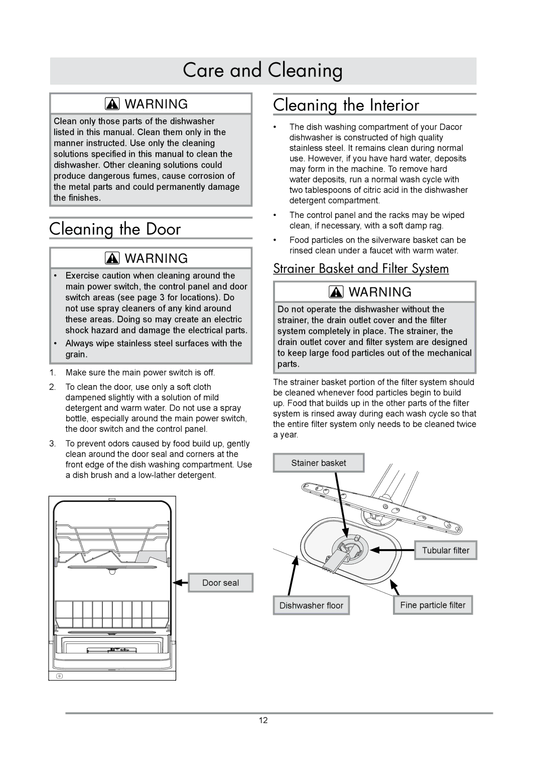 Dacor EDWH24S, IDWH24 manual Care and Cleaning, Cleaning the Door, Cleaning the Interior, Strainer Basket and Filter System 