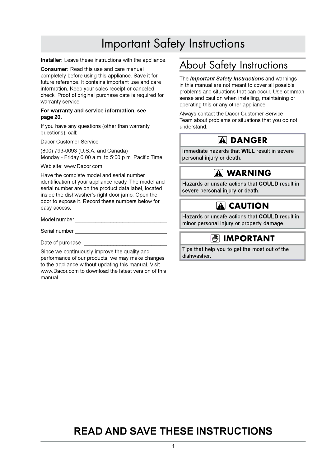 Dacor IDWH24, EDWH24S Important Safety Instructions, About Safety Instructions, For warranty and service information, see 