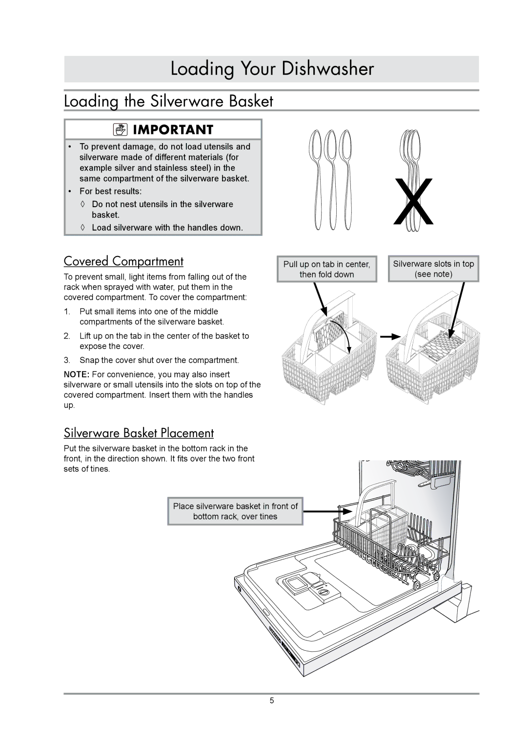 Dacor IDWH24, EDWH24S manual Loading the Silverware Basket, Covered Compartment, Silverware Basket Placement 