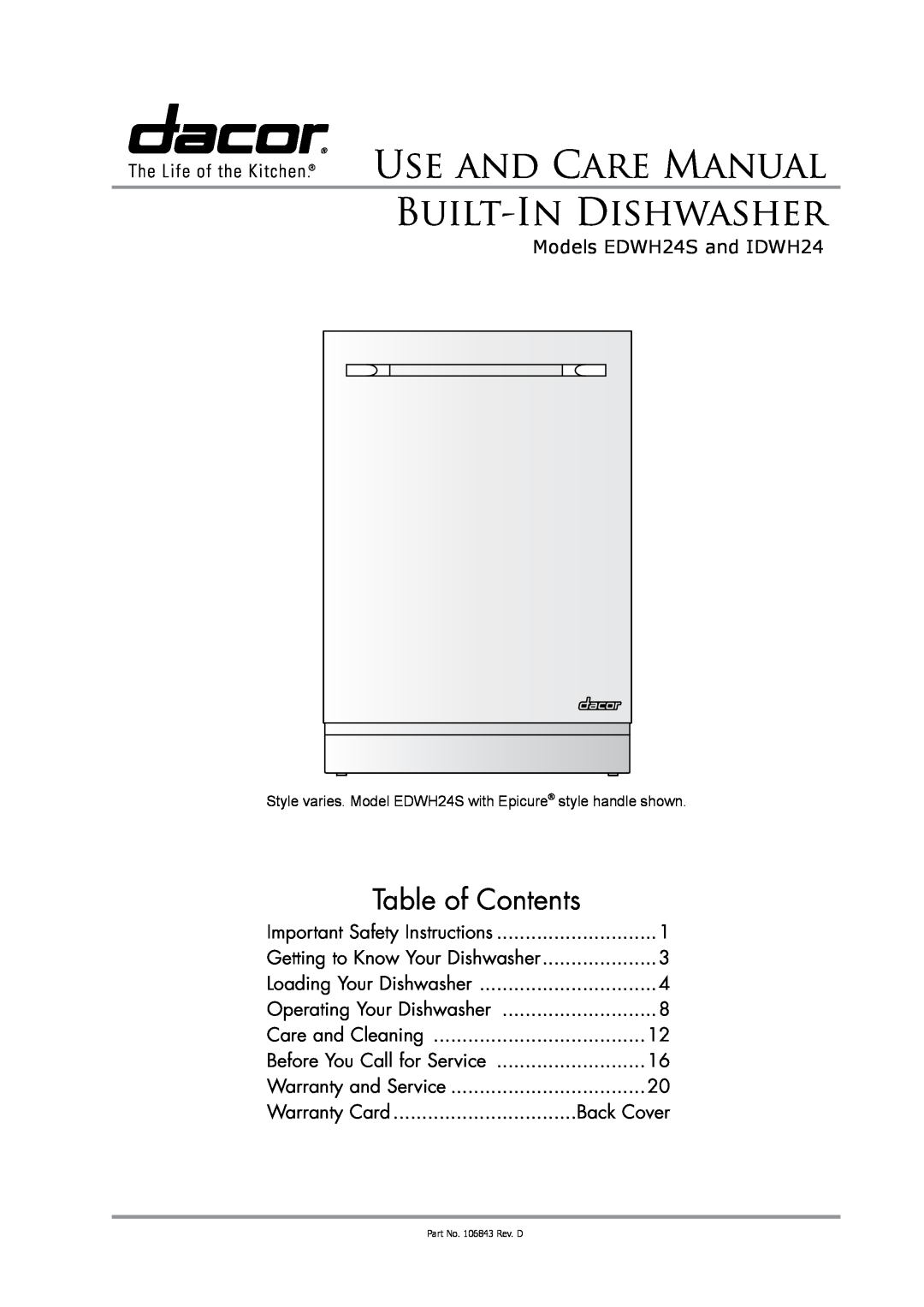 Dacor IDWH24, EDWH24S manual Table of Contents, Warranty Card, Back Cover, Use And Care Manual Built-In Dishwasher 