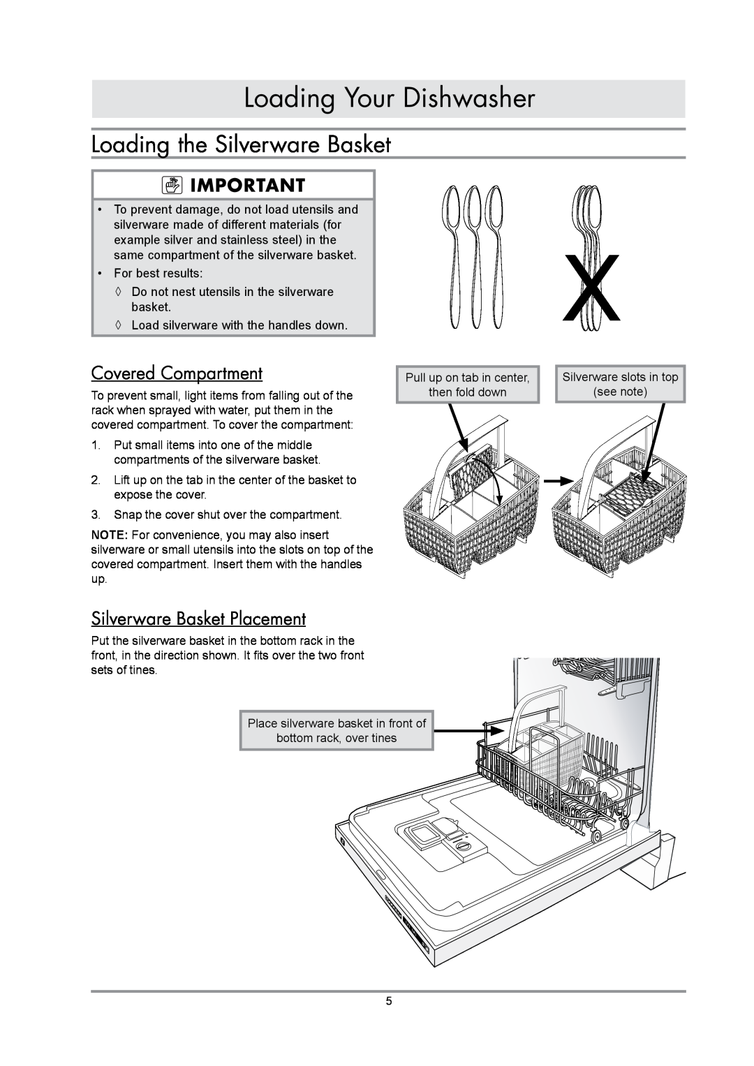 Dacor IDWH24 Loading the Silverware Basket, Covered Compartment, Silverware Basket Placement, Loading Your Dishwasher 